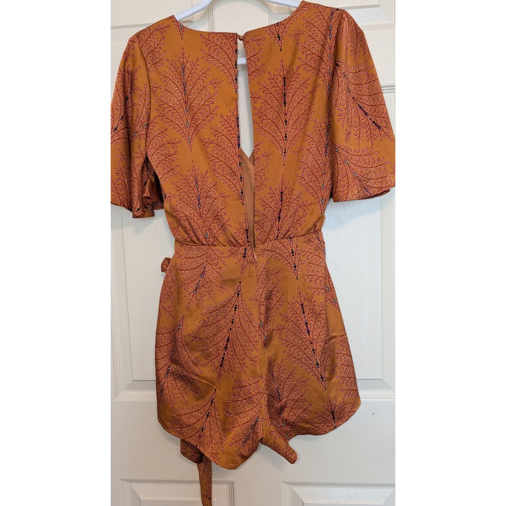 Hello Molly Burnt Orange Botanical Print Wrap Romper Flutter Sleeve Size 4 - Picture 3 of 6